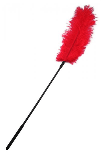 Red ostrich feather tickler on a thin black wand handle, full length studio shot