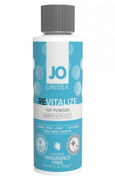Front view of a 2 oz teal and white bottle of System JO Revitalize Toy Powder, fragrance free, flip-top cap.