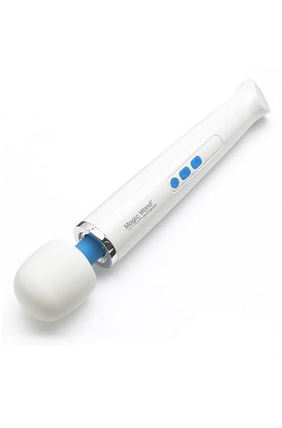 Magic Wand Original Rechargeable close-up of the white silicone head, blue accent ring, and handle buttons.