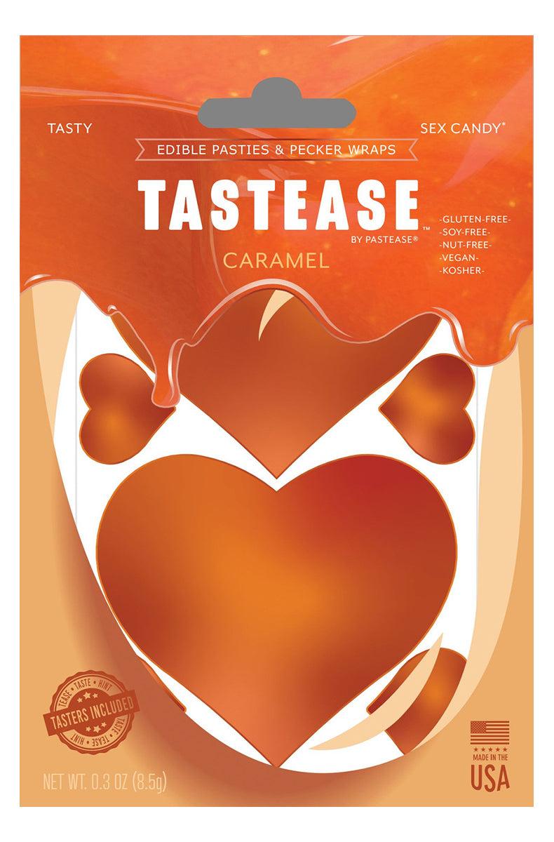 TASTEASE Caramel package with caramel-colored heart-shaped edible pasties, allergen-free, vegan, and kosher labels.