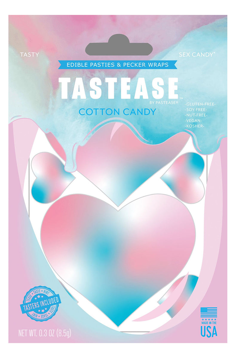 TASTEASE Cotton Candy package with heart-shaped edible pasties in pink-and-blue cotton-candy swirl, allergen-free, vegan, and kosher labels.