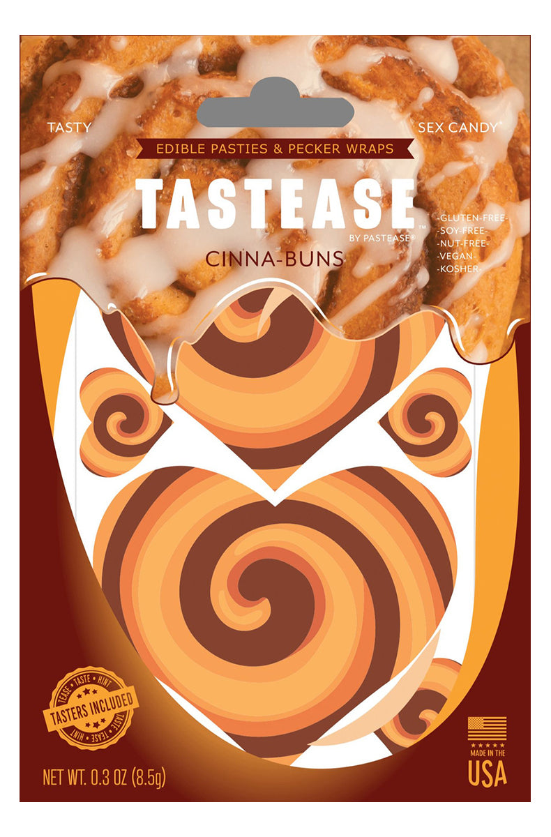 TASTEASE Cinna-Buns package with heart-shaped edible pasties in a cinnamon-roll swirl pattern, allergen-free, vegan, and kosher labels.