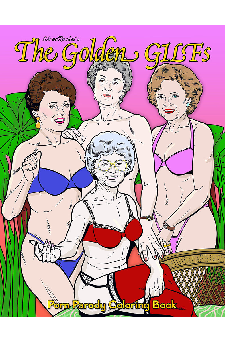 Cover of Golden GILFS Coloring Book showing line-art mature-woman parody illustration, adults-only label.