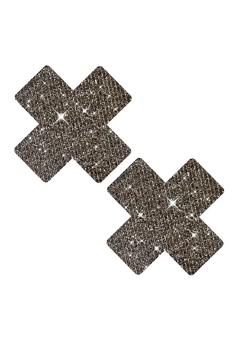 Two plain X-shaped pasties cut from solid black glitter with subtle silver sparkle.