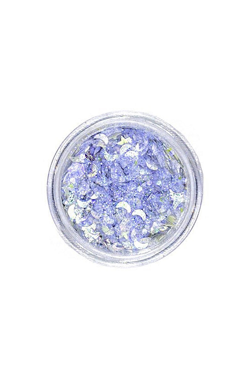 Lunautics Moon Dust Glitter pot in Zenon, showing electric blue chunky cosmetic glitter on a white background.