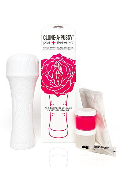 Clone-A-Pussy Plus Sleeve Kit box with white sleeve canister, molding container, silicone, and pink vulva graphic.