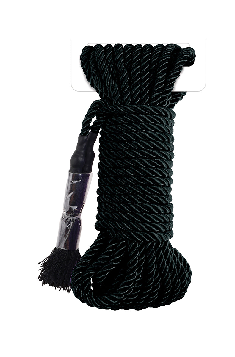Coiled bundle of glossy black braided silky bondage rope with sealed end caps and small fringe tassels.