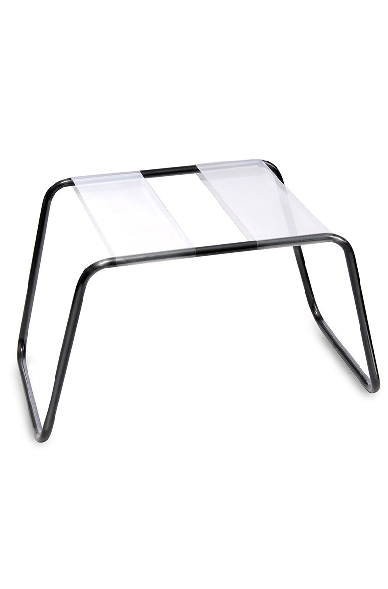Black tubular steel sex stool with a clear flexible TPU sling seat over the frame, photographed against a white background.