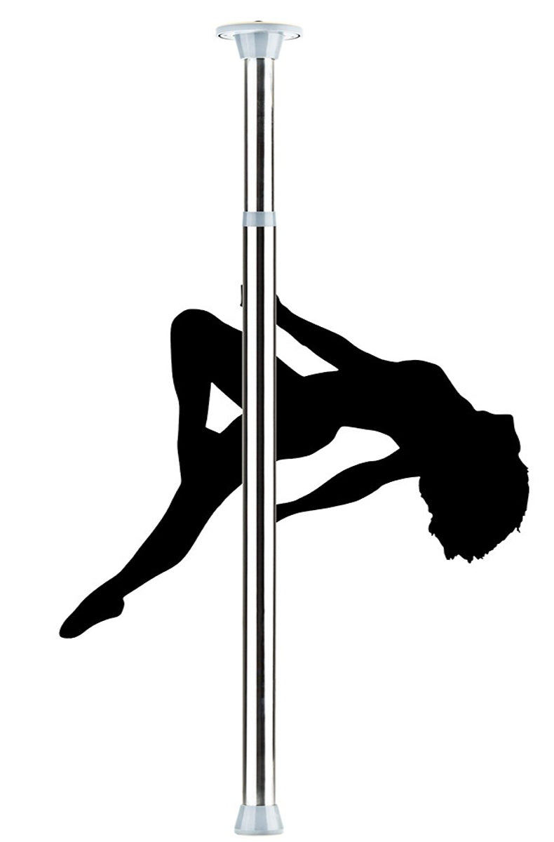 Silver chrome floor to ceiling dance pole with top and bottom mount plates, shown against a black silhouette dancer.