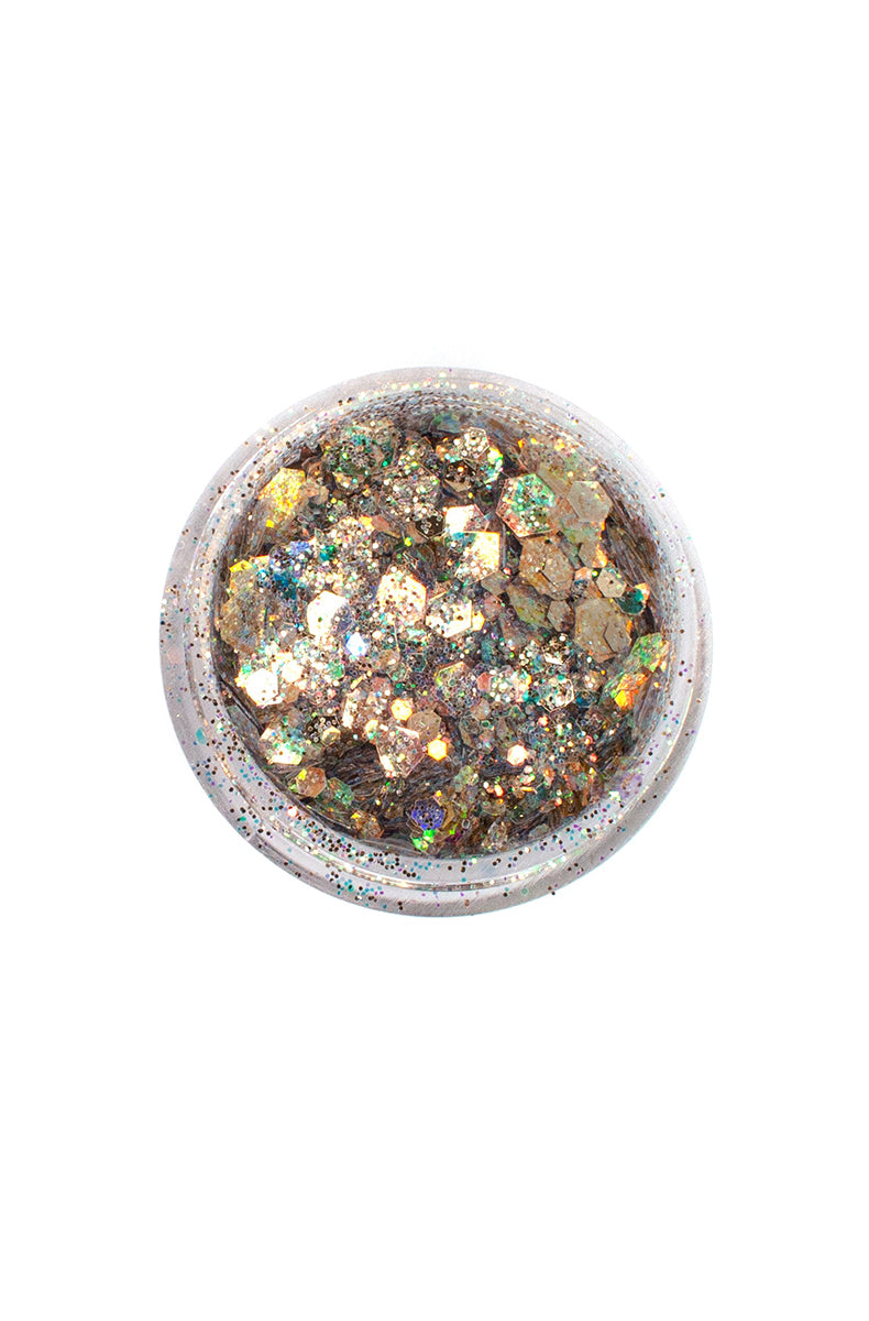 Lunautics Moon Dust Glitter pot in Bubbly, showing soft pink champagne chunky cosmetic glitter on a white background.