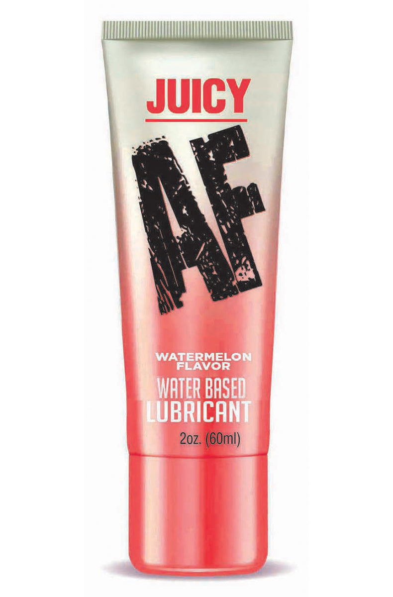Juicy AF watermelon flavored water-based lubricant in a coral pink and silver tube with red AF logo, 2 fl oz.