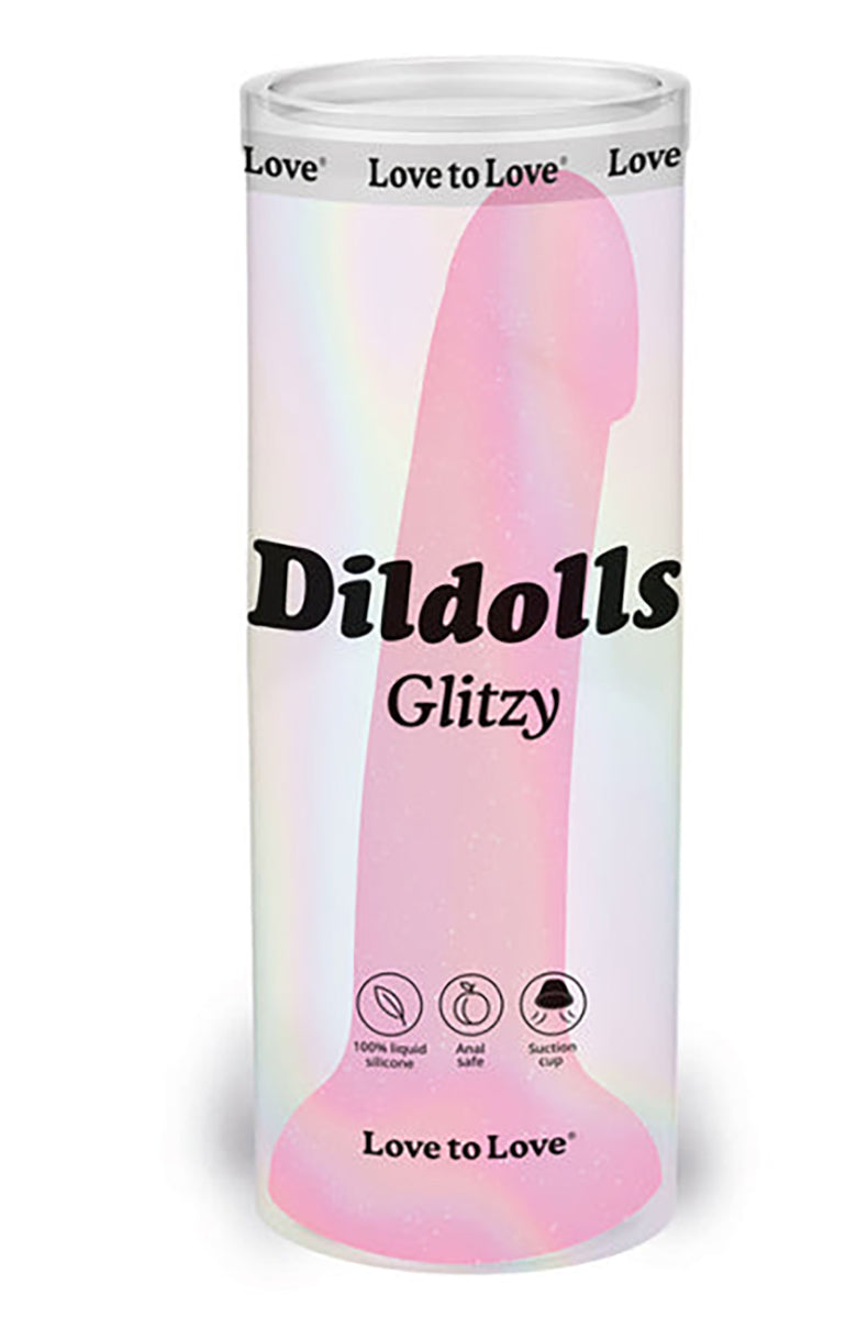 Side angle of Dildoll Glitzy pink sequin silicone dildo on flared suction base.