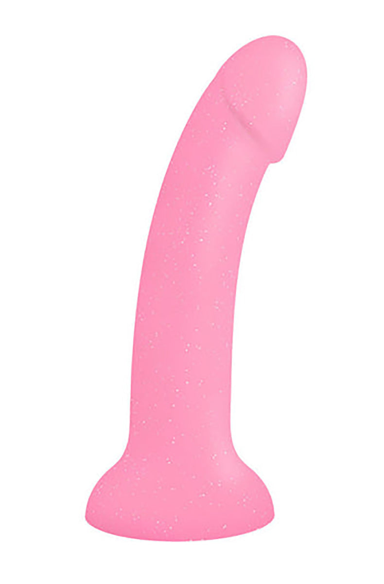 Pink 100% silicone dildo with embedded sequin glitter, smooth curved phallic shaft, flared suction-cup base. Dildoll Glitzy.