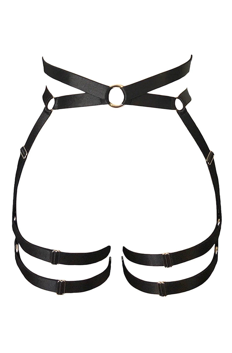 Black satin elastic leg harness with a metal O-ring at the front of the waistband and dual parallel thigh straps with metal slide adjusters.