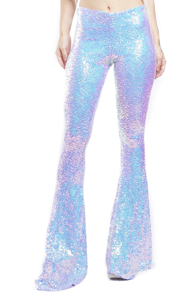 Lilac iridescent sequin bell-bottom pants with dramatic flare from the knee
