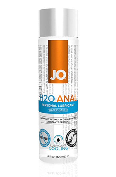 System JO H2O Anal water-based personal lubricant in a clear bottle with orange and white label, marked Cooling, 4 fl oz.