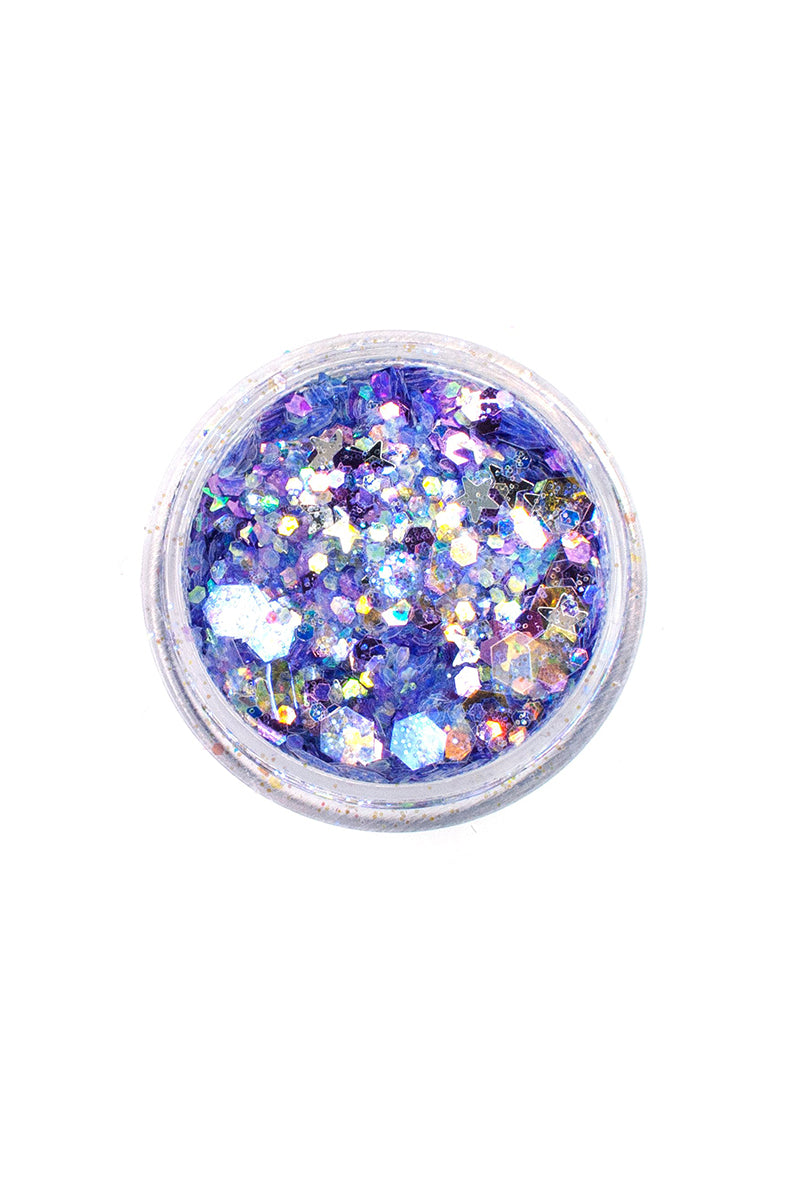 Lunautics Moon Dust Glitter pot in Lucid, showing iridescent crystal chunky cosmetic glitter on a white background.