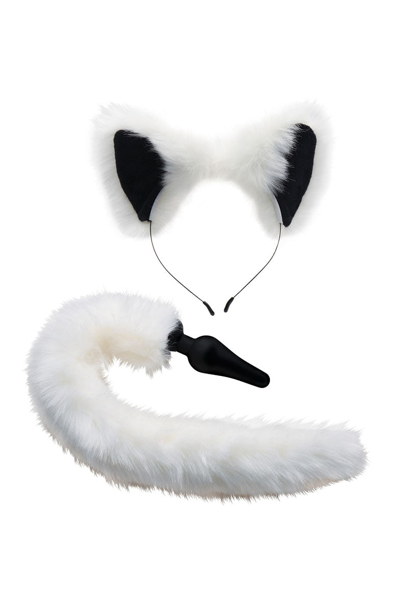 White fox tail butt plug and ears set: faux fur ears headband and 19 in white tail on a tapered black silicone plug.