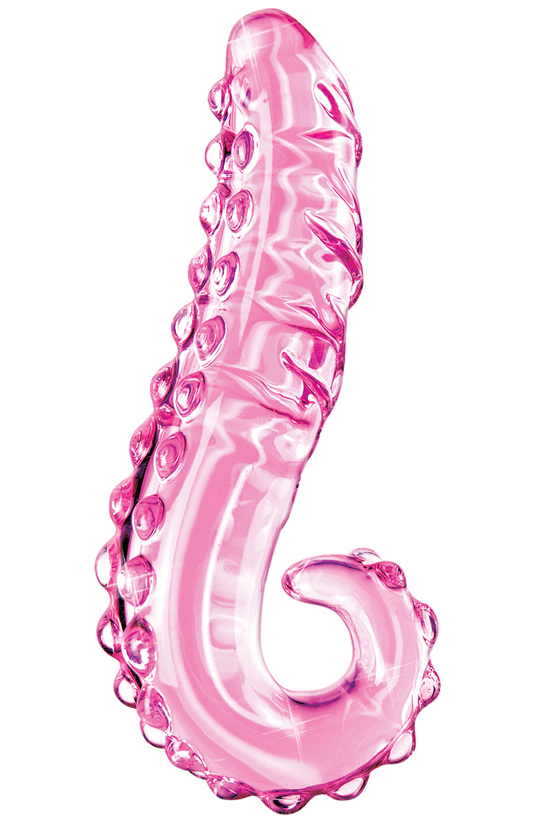 Pink hand-blown glass Icicles No 24 massager with sculpted tentacle texture and rows of suction cup nubs, curled hook handle.