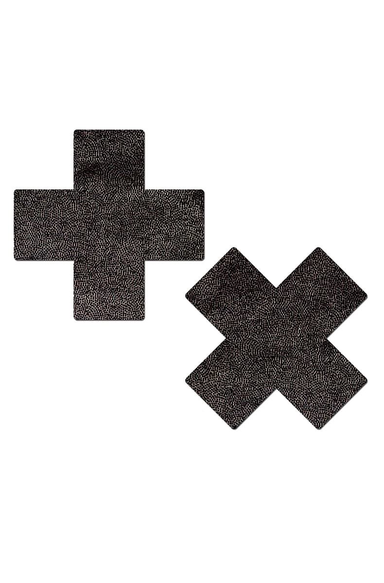 Two cross-shaped pasties in textured liquid-look black material with subtle metallic-bronze undertones.