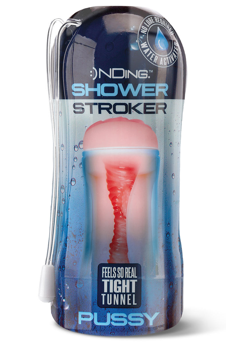Front view of Happy Ending Shower Stroker Pussy, blue case with pink TPE pussy sleeve and ribbed tunnel, hanging cord.