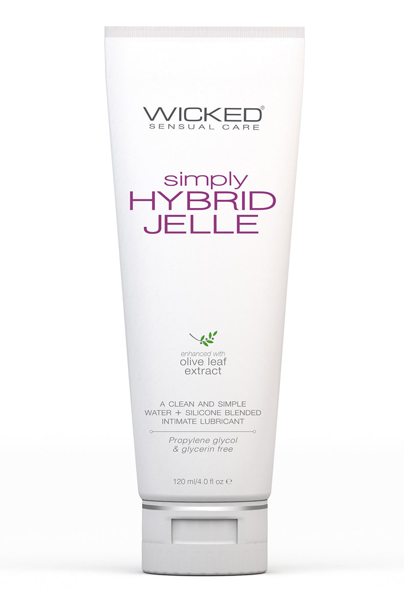 White tube of Wicked Simply Hybrid Jelle water and silicone blend lubricant with olive leaf extract, 4 fl oz.