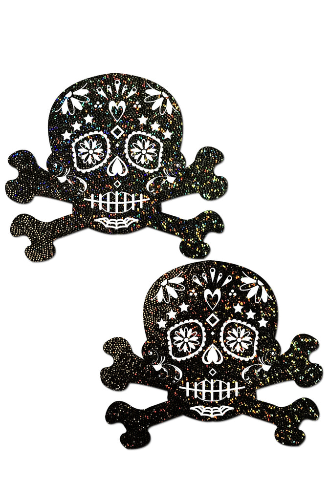 Black Glitter Candy Skull & Crossbones Pasties