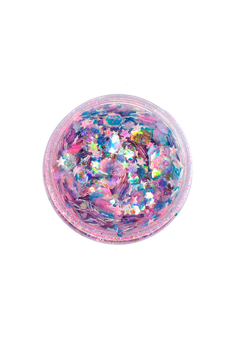 Lunautics Moon Dust XL Glitter pot in Unicorn Skin, showing iridescent pastel chunky cosmetic glitter on a white background.