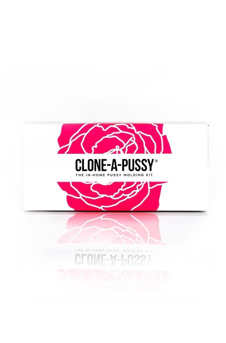 Clone-A-Pussy in-home molding kit retail box, white box with a pink rose graphic and bold black title type.