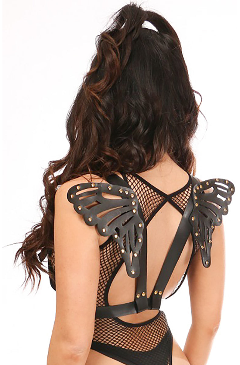 Back view of black vegan leather body harness with two small butterfly-shaped wings riveted to the back, edged in gold studs.