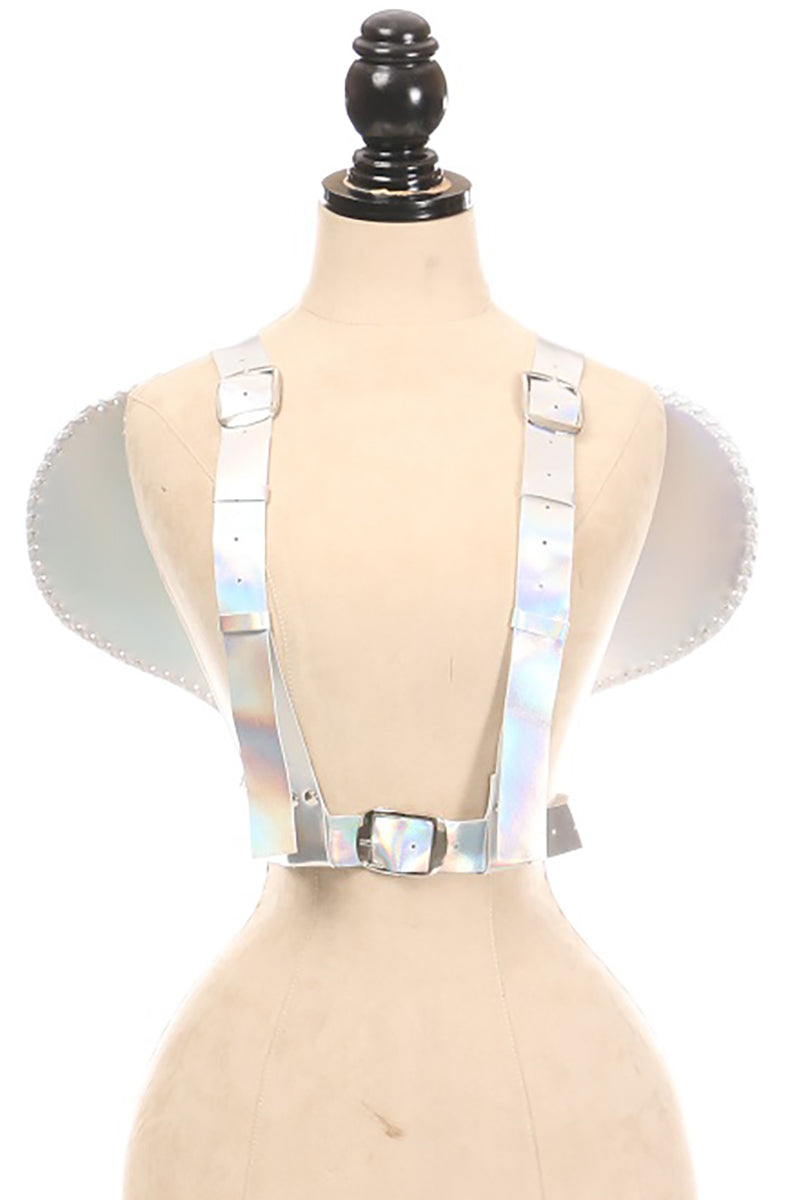 Silver-iridescent holographic vinyl angel wings with layered overlapping feathers and silver studs, mounted on a strap harness.
