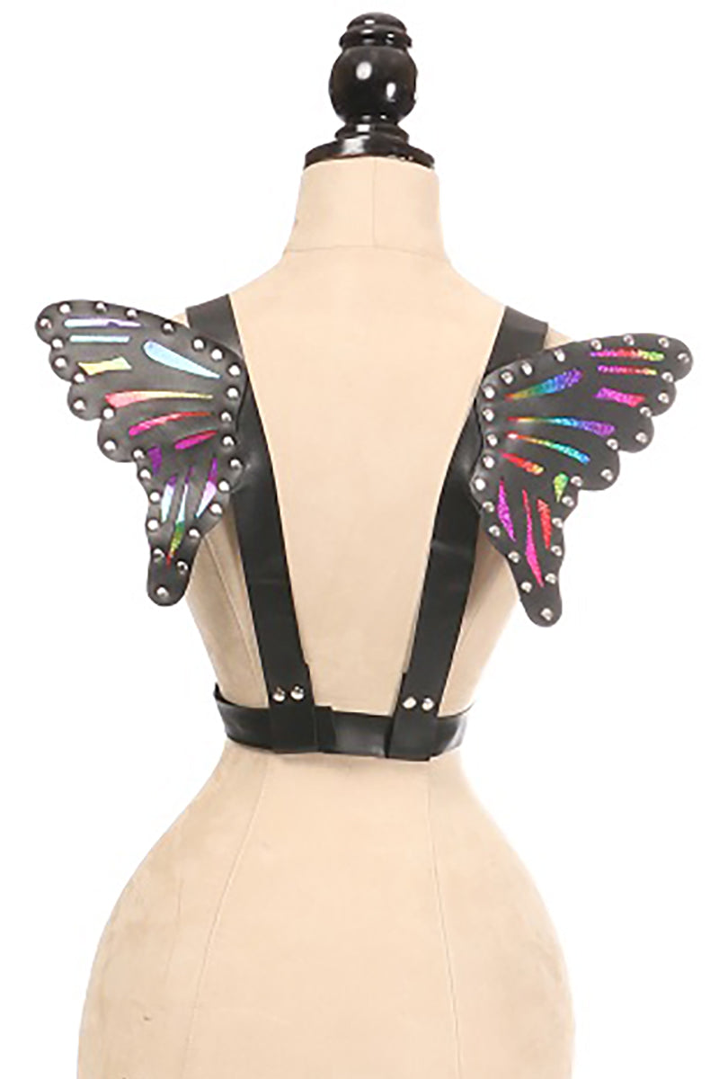Black vegan leather butterfly wings with rainbow-iridescent holographic vinyl panels visible through wing cutouts, mounted on a black strap harness.