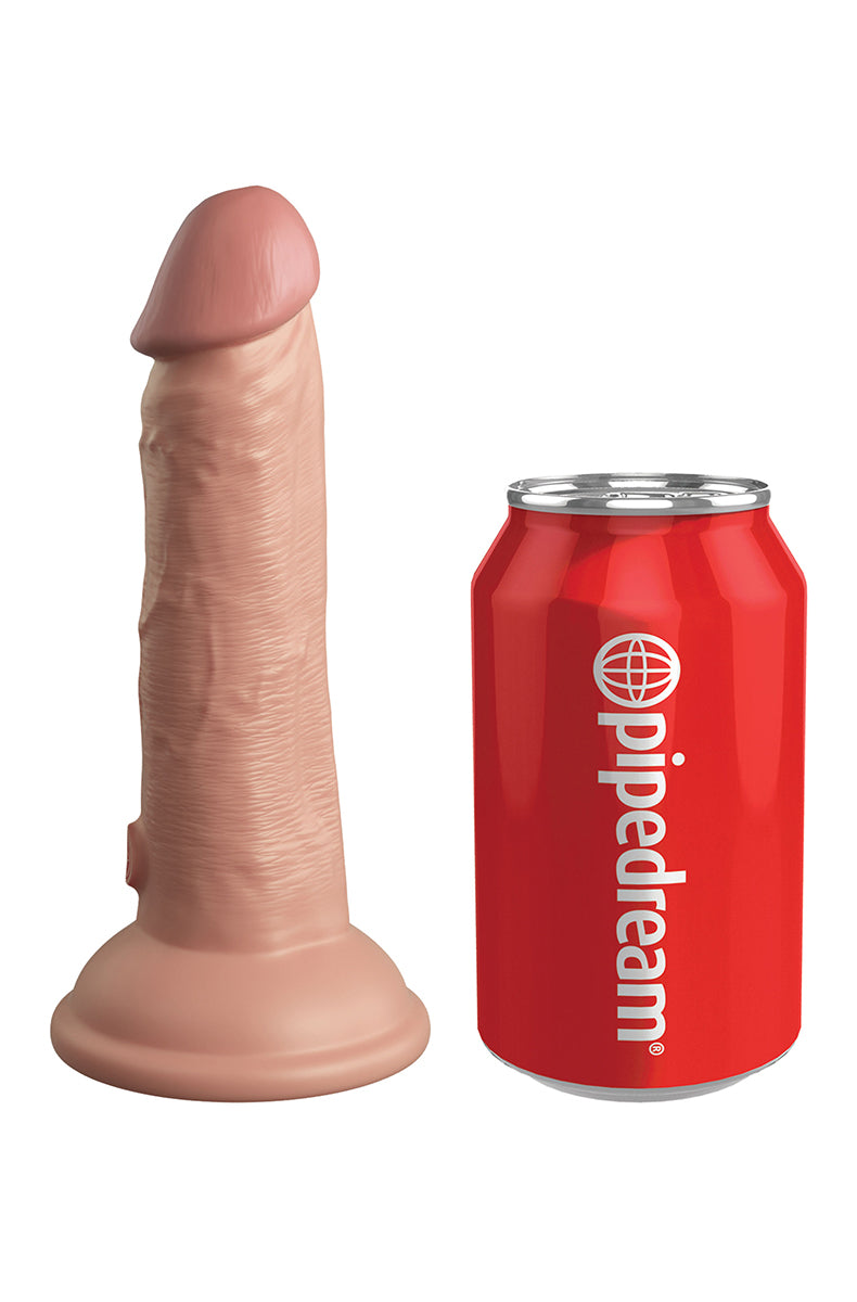 Side view of King Cock Elite 6 inch silicone dildo showing dual-density shaft and flared suction cup base.