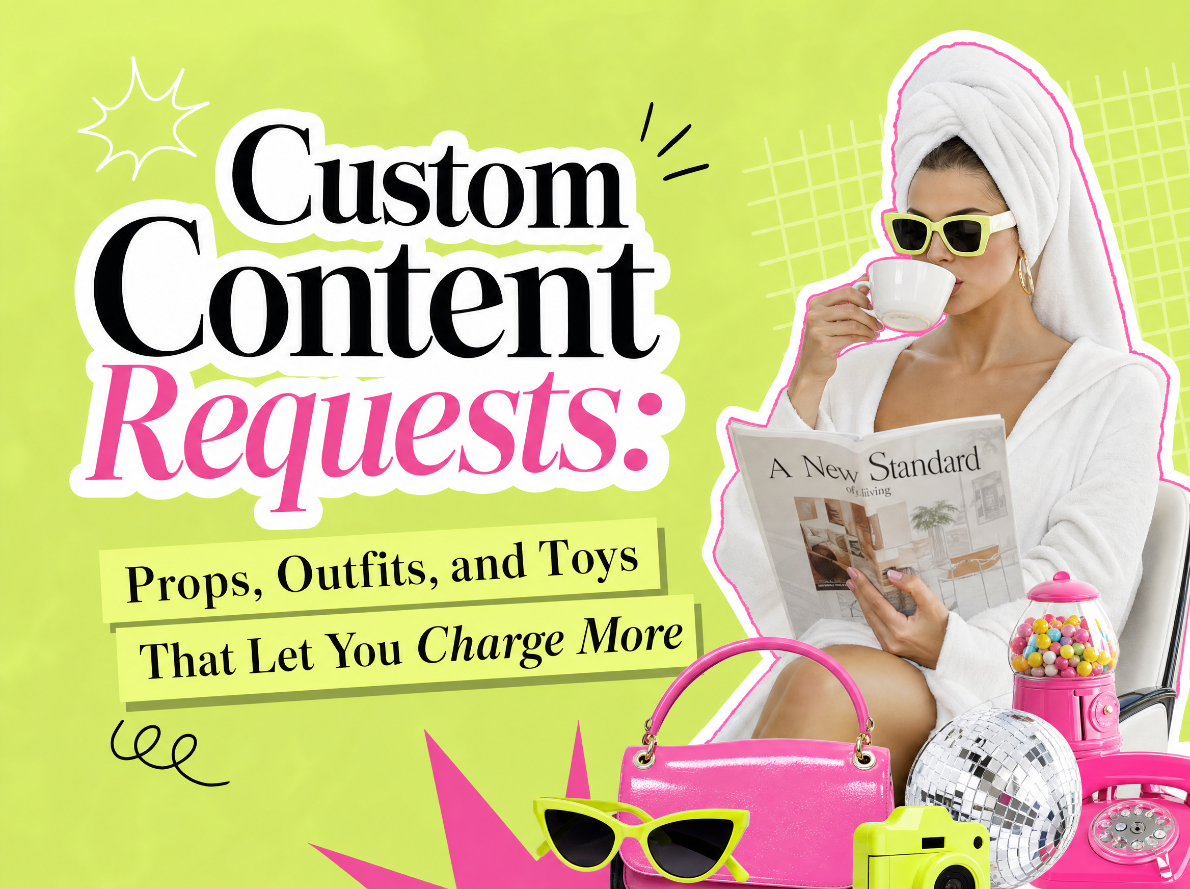 Bold editorial collage cover for a guide to custom content requests for creators, in chartreuse and hot pink