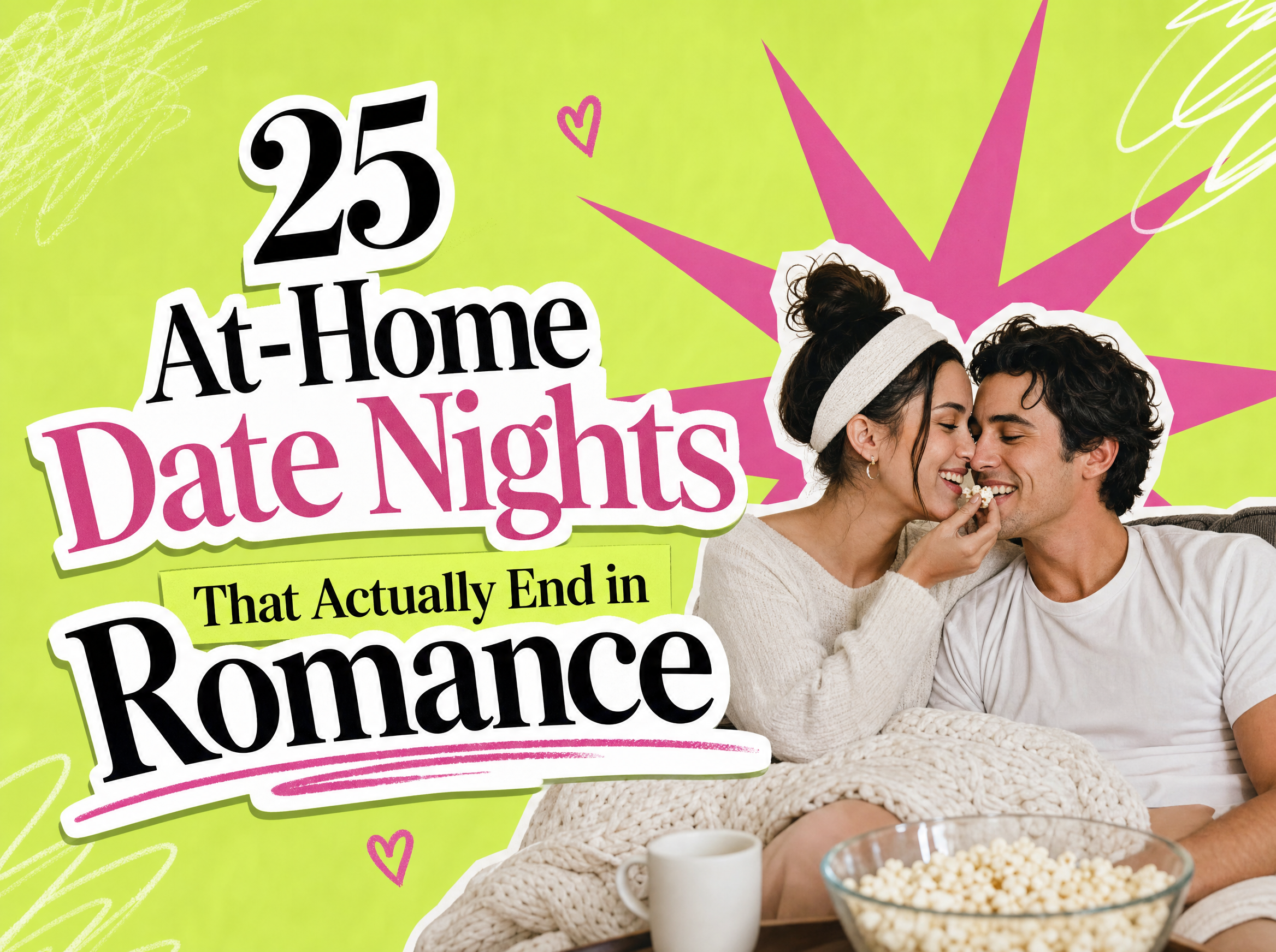 Bold editorial collage cover for 25 at-home date night ideas, in chartreuse and hot pink