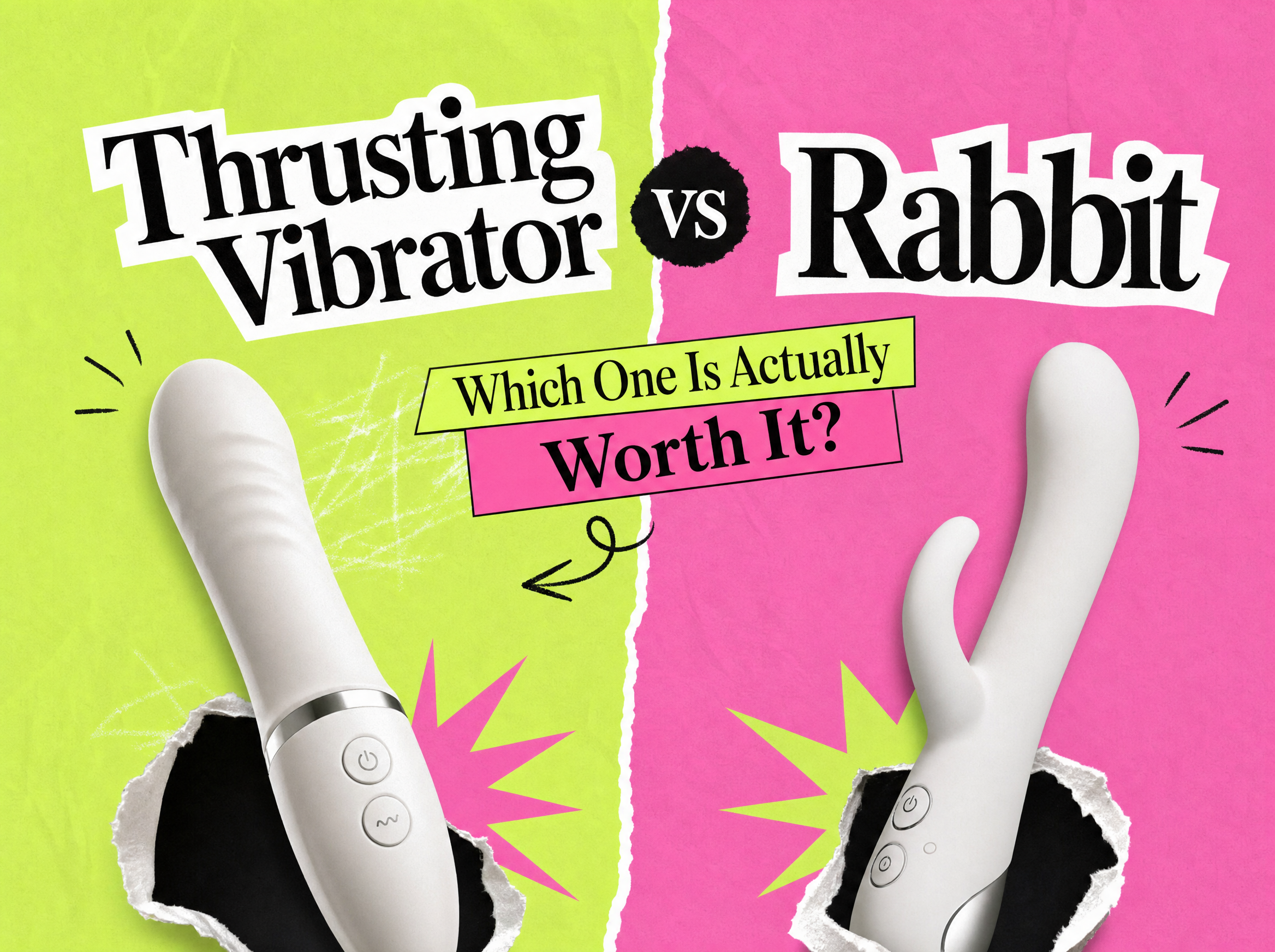 Editorial collage cover comparing thrusting vibrators and rabbit vibrators
