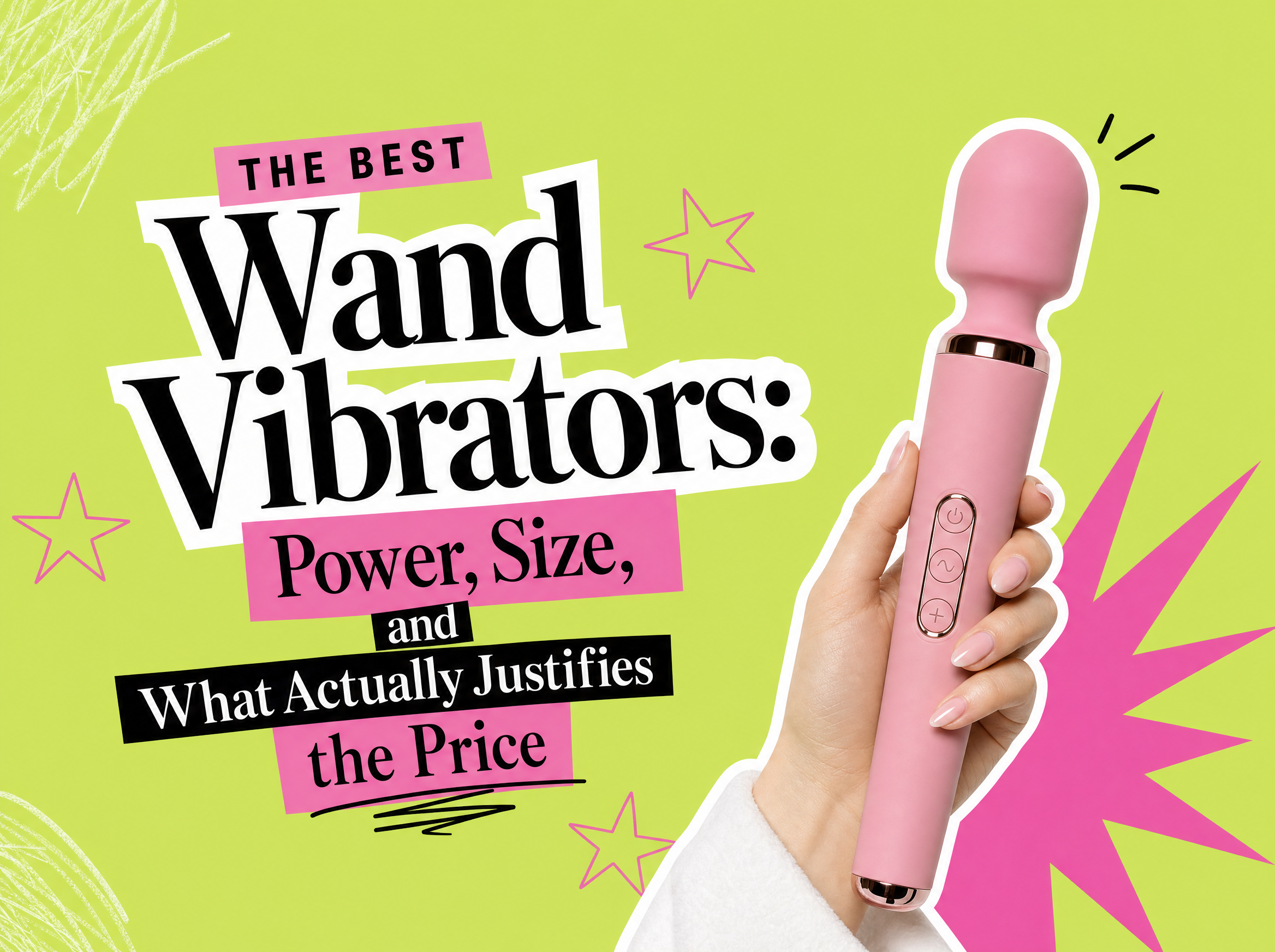 Bold editorial collage cover for a buyers guide to the best wand vibrators