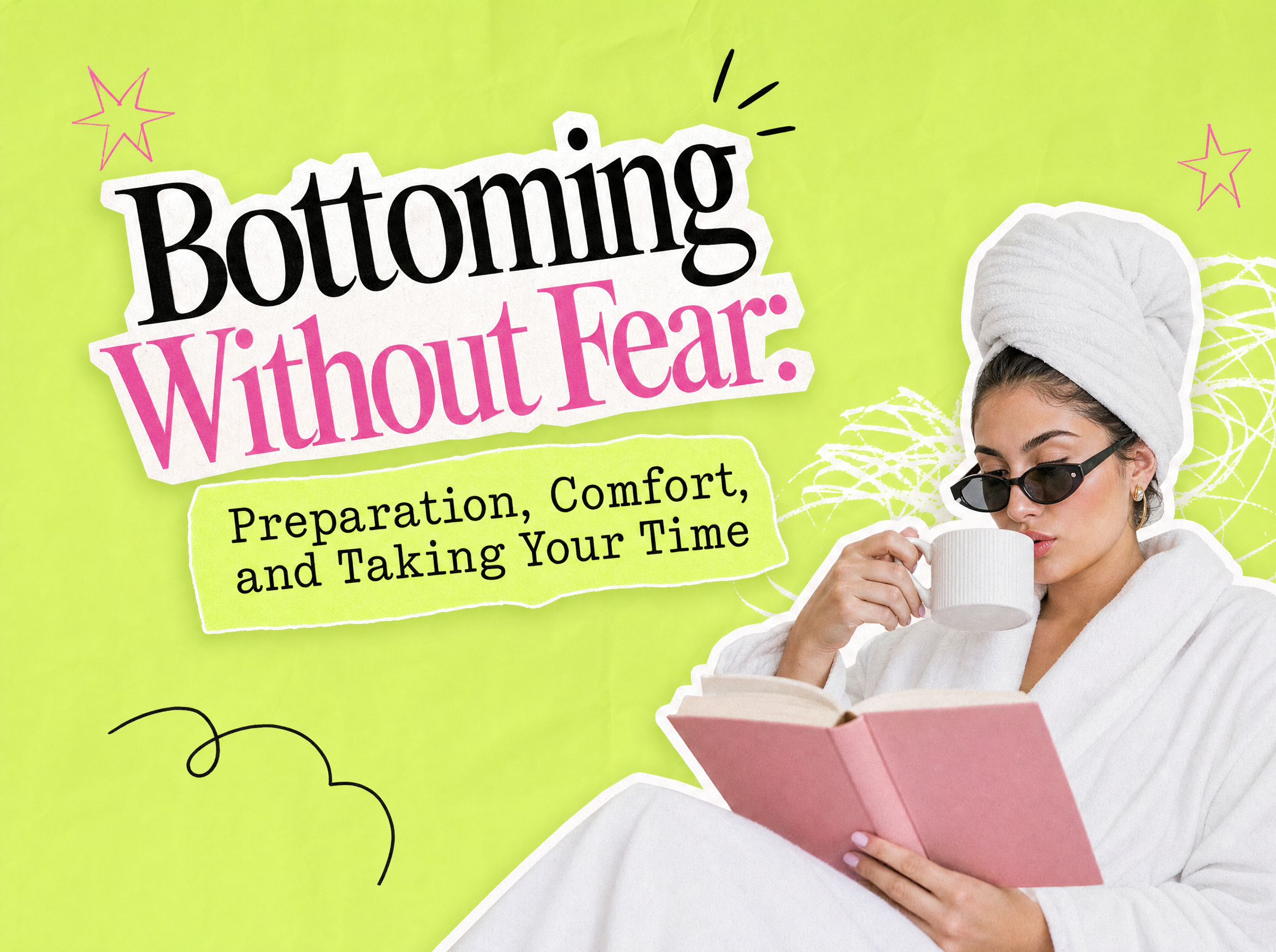 Bold editorial collage cover for a beginner guide to bottoming without fear