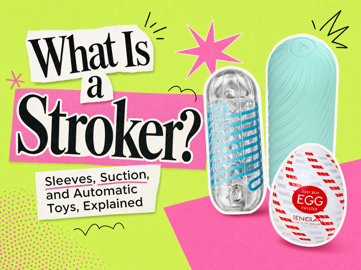 Bold editorial collage cover for a guide explaining what a stroker is, covering sleeves, suction and automatic toys