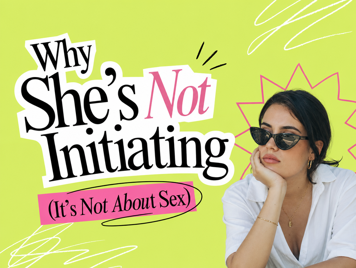Bold editorial collage cover for an article about why she is not initiating sex