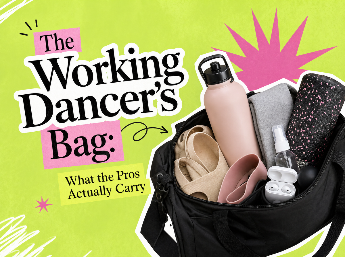 Bold editorial collage cover for The Working Dancer's Bag, a guide to what professional dancers actually carry