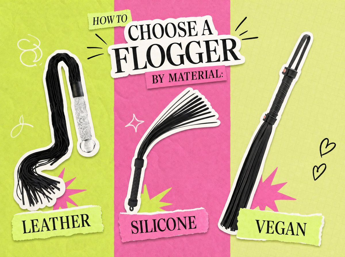 Collage cover titled How to Choose a Flogger by Material, showing a leather flogger with a glass handle, a silicone flogger and a vegan flogger