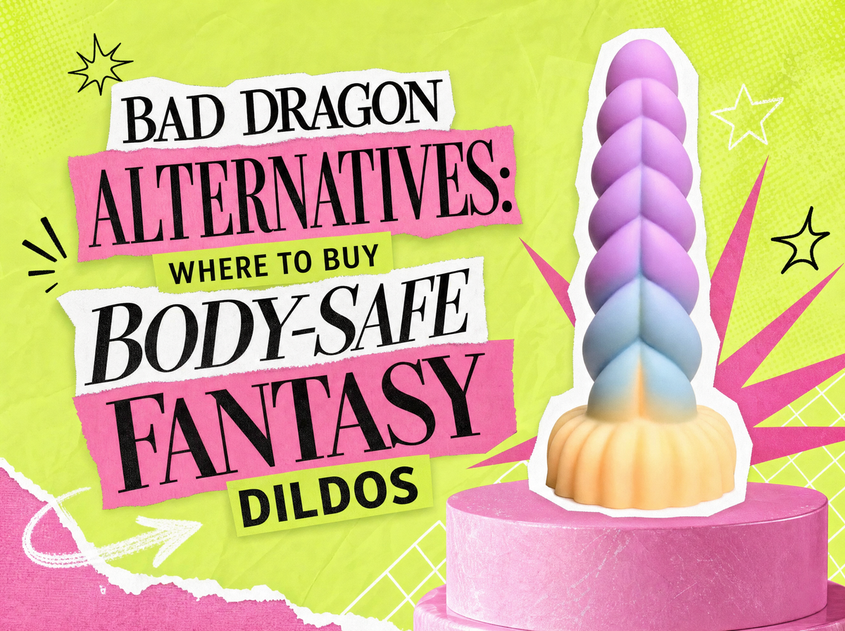 Collage cover reading Bad Dragon Alternatives, Where to Buy Body-Safe Fantasy Dildos, with a pastel twisted-horn unicorn dildo on a pink plinth