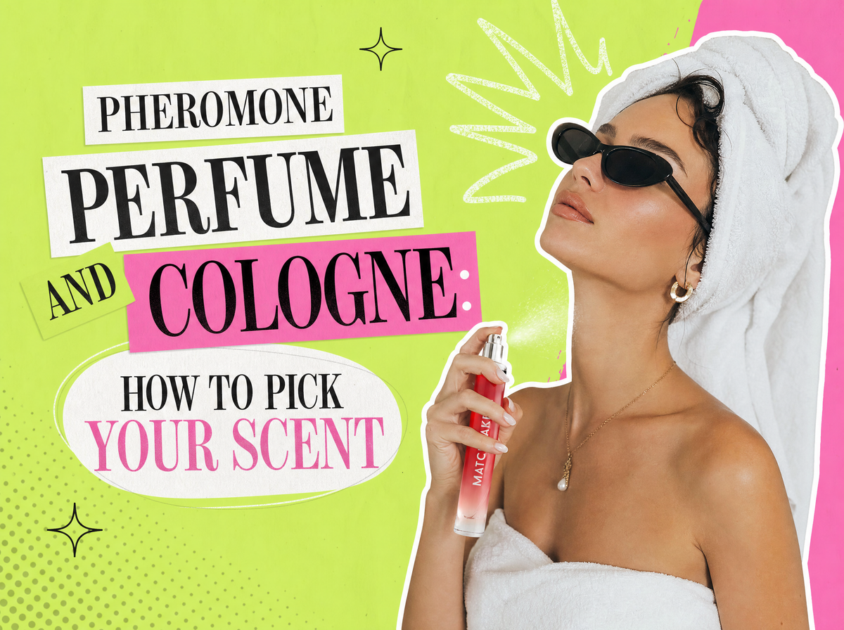 Collage cover reading Pheromone Perfume and Cologne, How to Pick Your Scent, with a woman in a towel spraying a slim red perfume vial