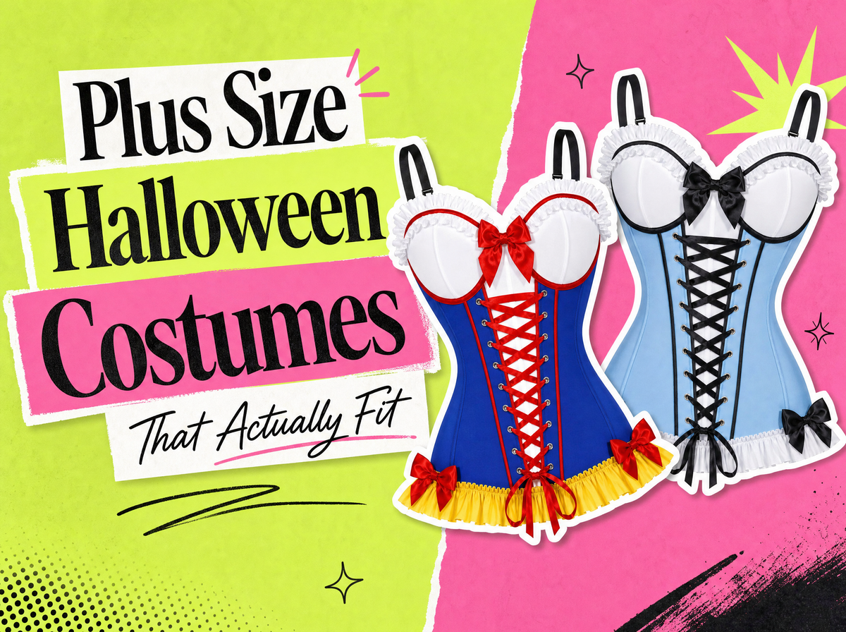 Plus size Halloween costumes that actually fit cover graphic showing a Snow White style corset and a powder blue tea party corset