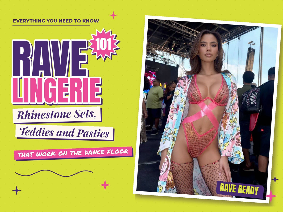 Rave Lingerie 101 cover with a model in a pink rhinestone set and fishnet stockings at a festival