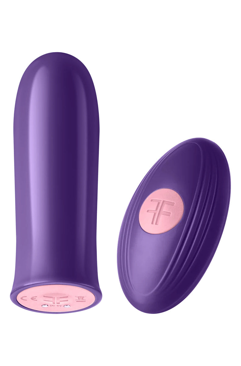 FemmeFunn Versa Bullet in dark purple shown with its matching wireless remote control.