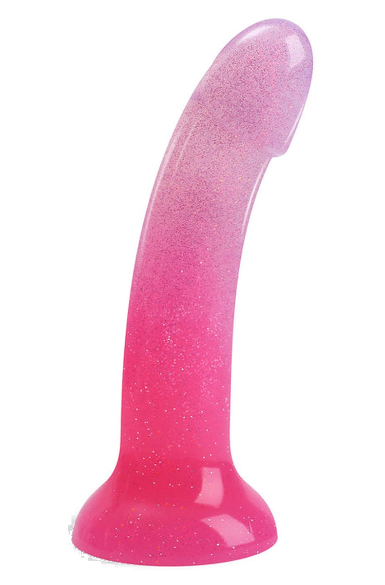 Pink ombre glitter silicone dildo, light pink head fading to hot pink suction cup base
