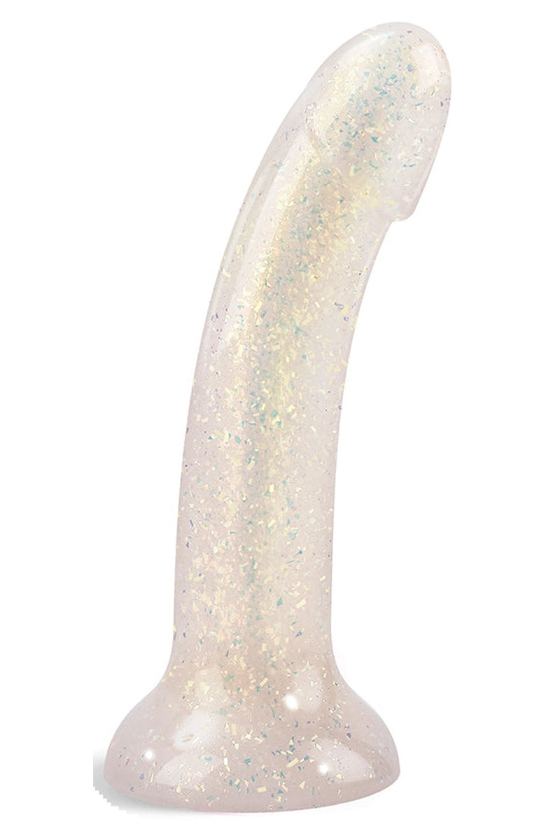 Clear silicone dildo packed with gold and holographic glitter on a suction cup base