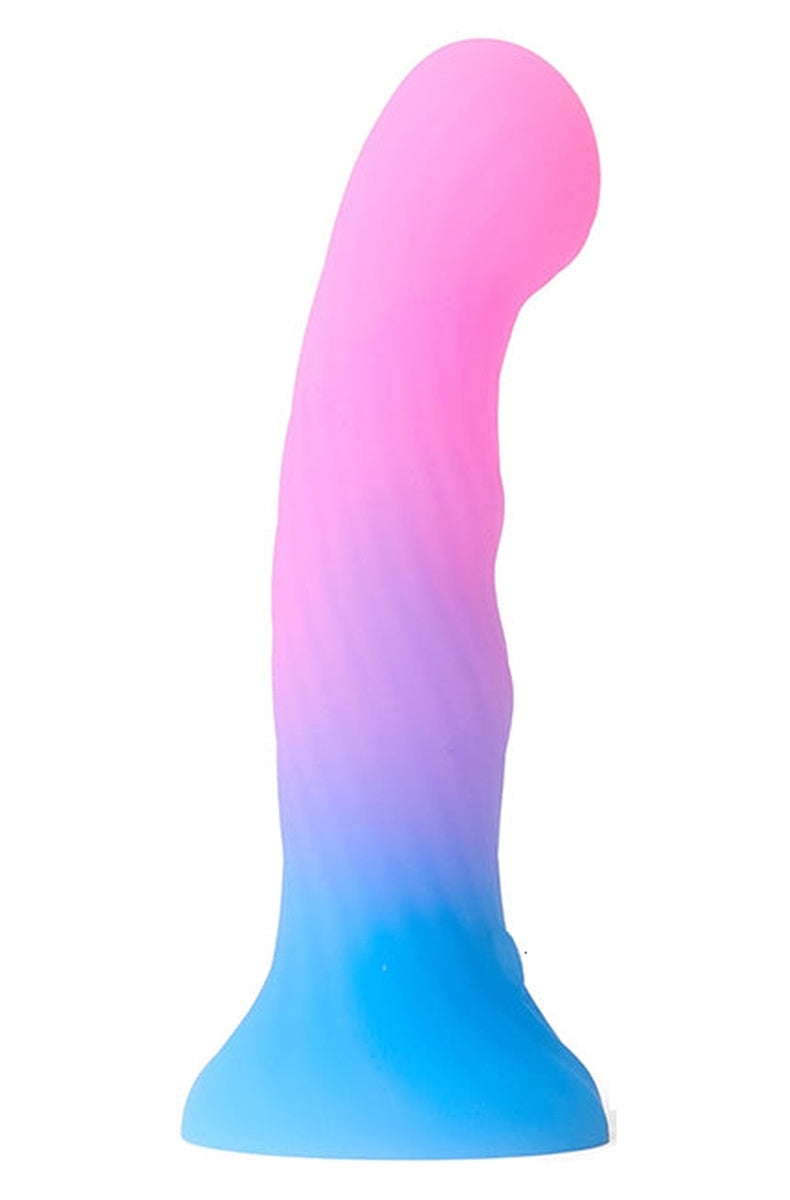 Pink to blue ridged silicone light up dildo on a suction cup base, lights off